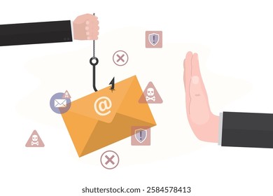 User hand man stop scam or spam letters, good security. Hacker hand holding fishing hook with yellow envelope and bait email. Hacker attack. Businessman reject spam emails. flat vector illustration