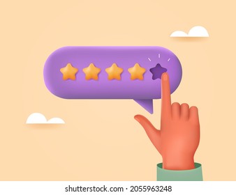 User hand pointing on survey form and choosing yellow star. Five star positive customer review. Online feedback, survey or review concept. 3d realistic vector illustration.