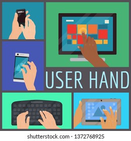 User hand seamless pattern vector illustration. Human hands holding various smart devices such as computer, laptop, phone, music player, keyboard, tablet. Finger touching screen.
