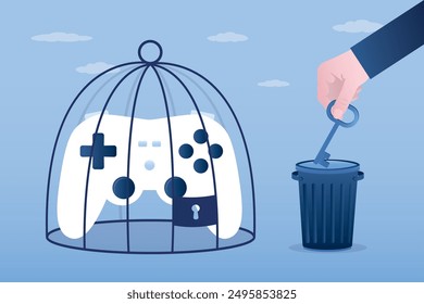 User hand throws key in garbage can. Big joystick locked in steel cage. Freedom, life without gambling addiction. People not dependence to cybersport. Problem of addiction to e-sport and online games.