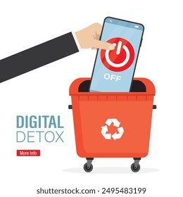 User hand throws turn off smartphone into red garbage can. Off button on cell phone screen. Digital detox. No using mobile phone, smart gadget. Freedom from internet, smartphones and social media.