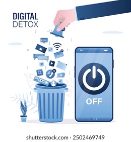 User hand turn off smartphone and throw social media signs in trash can. Off button on cell phone screen. Digital detox concept. No using mobile phone, smart gadget. Freedom from internet, network.