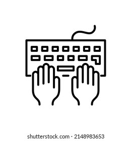 User hands at a keyboard. Gaming, coding or messaging. Pixel perfect, line icon