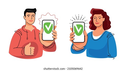 User has successfully registered on the web application. Check mark on smartphone screen. Mobile phone app vector illustration