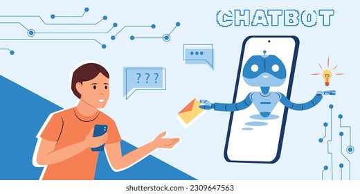 User having dialogue with chatbot on smartphone flat collage vector illustration