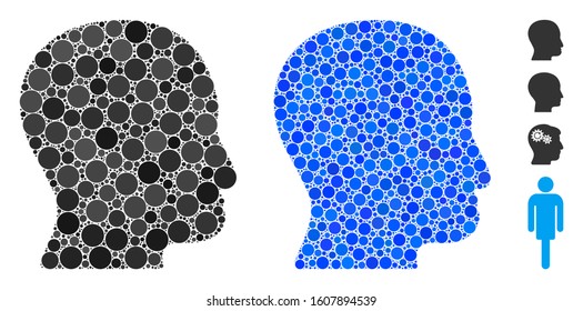 User head composition of small circles in various sizes and shades, based on user head icon. Vector small circles are composed into blue composition. Dotted user head icon in usual and blue versions.