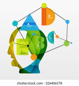 User head with geometric infographic A B C D and lines. Banner layout element with sample text