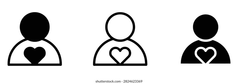 User heart vector icon set, person love favorite profile symbol for customer loyalty health care charity community volunteer relationship account member, flat linear outline style