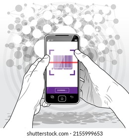 A user held "Smart Phone" scanning a Bar Code. The device is set against a circular pulse and a white network grid pattern representing the Web.