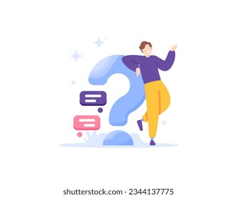 user help center service. frequently asked questions or FAQs. QnA or questions and answers. chat and investigation. introgrative. people with big question marks. illustration concept design. vector