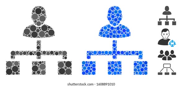 User hierarchy mosaic of spheric dots in variable sizes and color tones, based on user hierarchy icon. Vector random circles are united into blue mosaic.