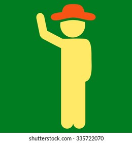 User Hitchhike vector icon. Style is bicolor flat symbol, orange and yellow colors, rounded angles, green background.