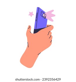 User hold phone in hand, take photo, photography for social media post. Smartphone with camera create snapshot. Telephone record video with flash. Flat isolated vector illustration on white background