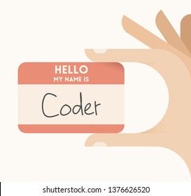 User holding card Hello, my name is Coder (programmer). Concepts - Programming, IT (information technology) industry, freelancing, computer languages, software development and writing programs.