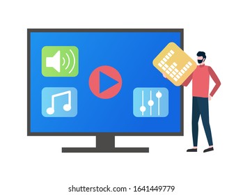User holding infochart icon vector, television tv set screen HD monitor for people to watch films, music sign and buttons. Note and sound, settings