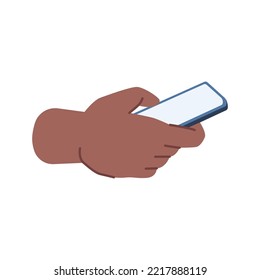 Usuario que mantiene el smartphone en la mano, usando aplicaciones y mensajes de texto. Brazo aislado con teléfono móvil con pantalla táctil girando móvil. Vector de dibujos animados planos