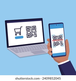 User holding a smartphone and scanning a code: online shopping and QR code payments