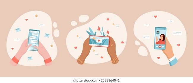 User holding smartphone for video chat through social app. Engaging in online communication with a friend. Concept of modern technology set, social interaction, and digital lifestyle.