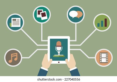 User holding tablet pc with audio podcast with different formats. Subscription as business model. Design flatstyle - vector illustration