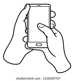 User holds by two hands smart phone. Vector flat outline icon illustration isolated on white background.