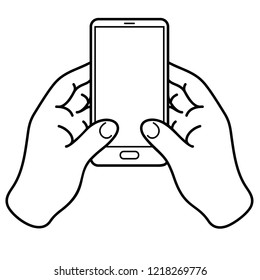 User holds by two hands smart phone. Vector flat outline icon illustration isolated on white background.