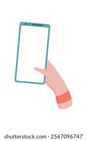 A user holds a phone with a blank screen. The hand shows gesture while gripping the smartphone. This digital device represents communication and technology in simple form. Suitable for apps and
