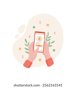 A user holds a phone with payment app. The mobile device features a clear screen for transactions. This context represents technology and online business interactions, simple yet effective.