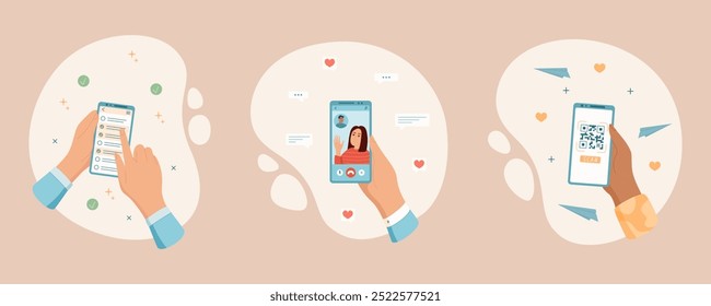 User holds smartphone in hand for video chat application. Set of compositions with social message through gesture and digital content. Concept of online communication, technology, and user experience.