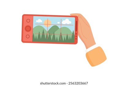 A user holds a smartphone in their hand. A hand grips a mobile phone capturing photo. The application displays camera screen on the device, flat visual style, suitable for media and technology.