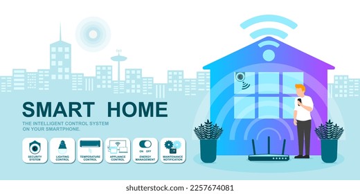 User of home intelligent system, Smart home application, Program on smartphone for security camera, Electric appliance control, Router Wi-Fi internet connected to modern house and building monitoring.