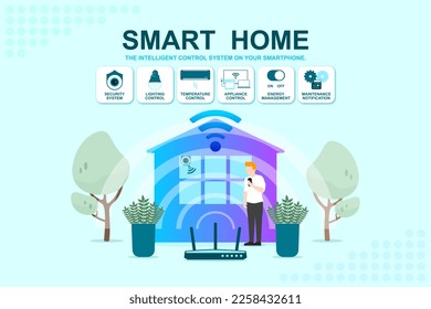 Usuario del sistema inteligente del hogar, aplicación para el hogar inteligente, Programa en smartphone para cámara de seguridad, control de electrodomésticos, Internet Wi-Fi del router conectado a la moderna monitorización de la casa y del edificio.