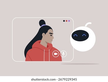 A user in a hoodie engages with a friendly robot consultant through a virtual video call, illustrating the seamless integration of technology in everyday problem-solving and support