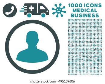 User icon with 1000 medical business soft blue vector pictographs. Design style is flat bicolor symbols, white background.