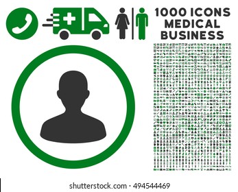 User icon with 1000 medical commercial green and gray vector pictographs. Set style is flat bicolor symbols, white background.