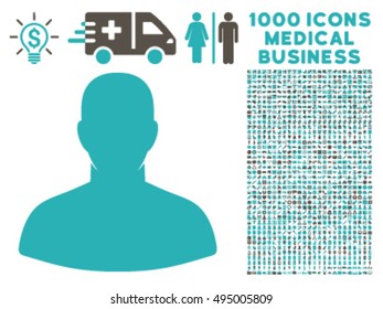 User icon with 1000 medical commercial grey and cyan vector pictographs. Collection style is flat bicolor symbols, white background.
