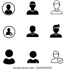 user, icon, avatar, person, profile, account, login, silhouette, male, people, interface, vector, black, white, simple, line, flat, filled, modern, UI, symbol, set, collection, identity, head, face