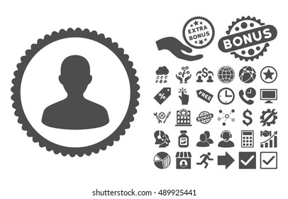 User icon with bonus pictograph collection. Vector illustration style is flat iconic symbols, gray color, white background.