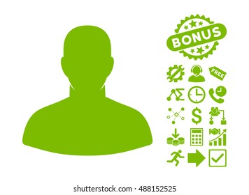 User icon with bonus symbols. Vector illustration style is flat iconic symbols, eco green color, white background.