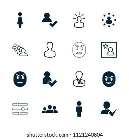 User icon. collection of 16 user filled and outline icons such as woman, group, favorite photo, businessman, angry emot. editable user icons for web and mobile.