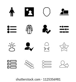 User icon. collection of 16 user filled and outline icons such as man, favorite photo, face, menu, jacket, man with laptop, slider. editable user icons for web and mobile.