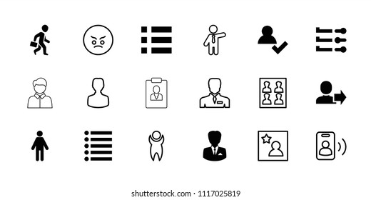 User icon. collection of 18 user filled and outline icons such as man, slider, businessman, menu, angry emot, photo for passport. editable user icons for web and mobile.