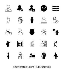 User icon. collection of 25 user filled and outline icons such as woman, man with laptop, angry emot, add friend, slider, jacket. editable user icons for web and mobile.