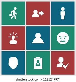 User icon. collection of 9 user filled icons such as face, angry emot, man with case. editable user icons for web and mobile.