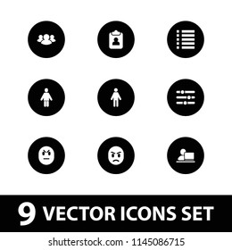 User icon. collection of 9 user filled icons such as man, group, menu, clipboard, man with laptop, angry emot. editable user icons for web and mobile.