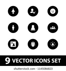 User icon. collection of 9 user filled icons such as angry emot, favorite photo, man, group. editable user icons for web and mobile.