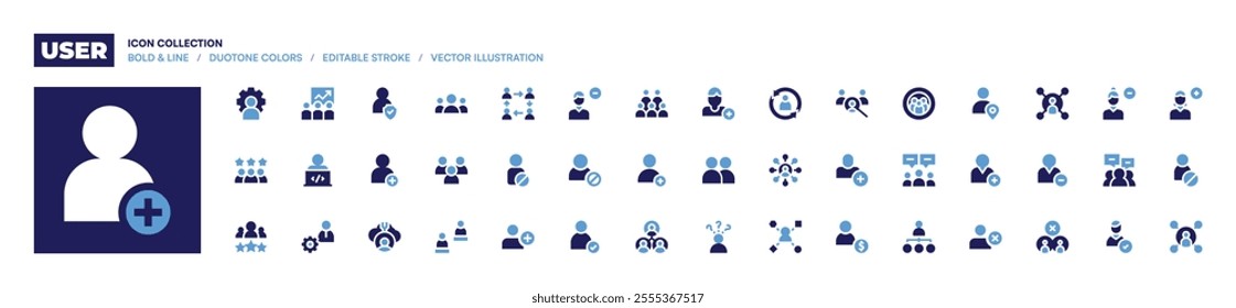 User icon collection. Bold style. Duotone colors. admin, users, member, protection, best employee, training, software engineer, add user, user.