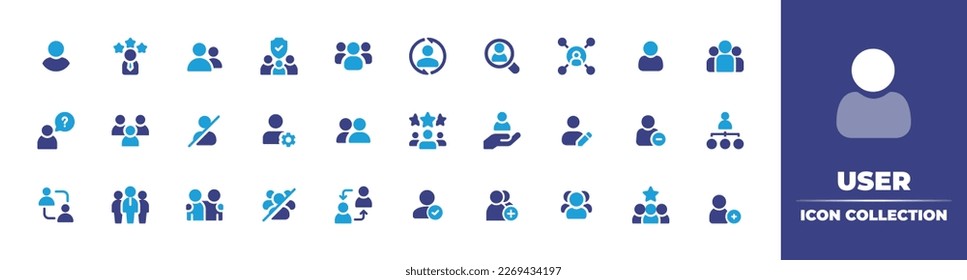 User icon collection. Duotone color. Vector illustration. Containing user, rating, group, family, group users, magnifier, social media, question, users, user avatar, profile, people, employees, hand.