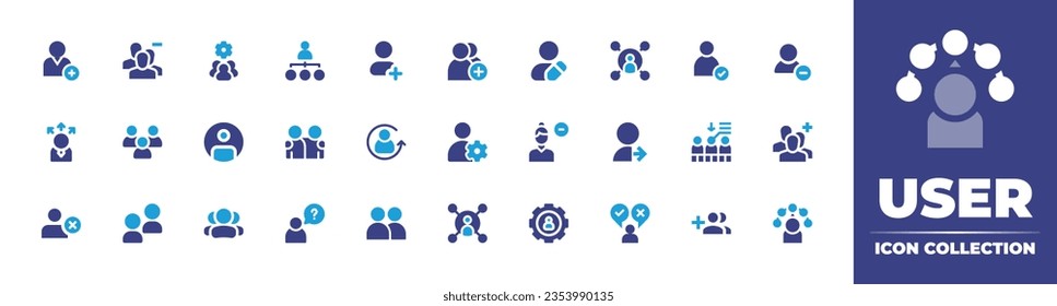 User icon collection. Duotone color. Vector and transparent illustration. Containing add user, remove user, group, hierarchy, contact, add friend, edit profile, connections, check, user, and more.