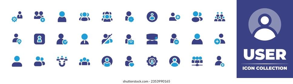 Colección de iconos de usuario. Color de duotona. Ilustración vectorial y transparente. Conteniendo usuario, usuario agregado, usuarios de grupo, perfil de usuario, usuarios, corona, empleado, avatar de usuarios, cliente, conexión y más.