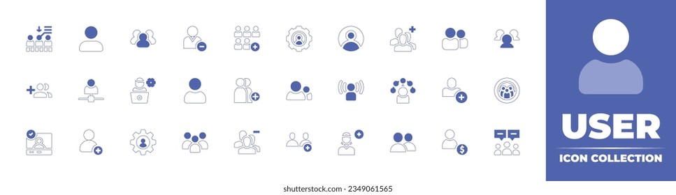 User icon collection. Duotone style line stroke and bold. Vector illustration. Containing adoption, user, group, remove, add, users, create, button, system, administrator, account, search, and more.